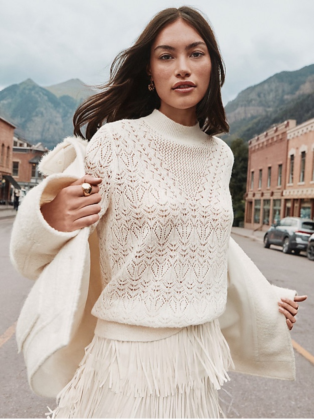 LOFT Pointelle Mock Neck Sweater Cream Open Knit Soft Cozy NWT M Wool Blend